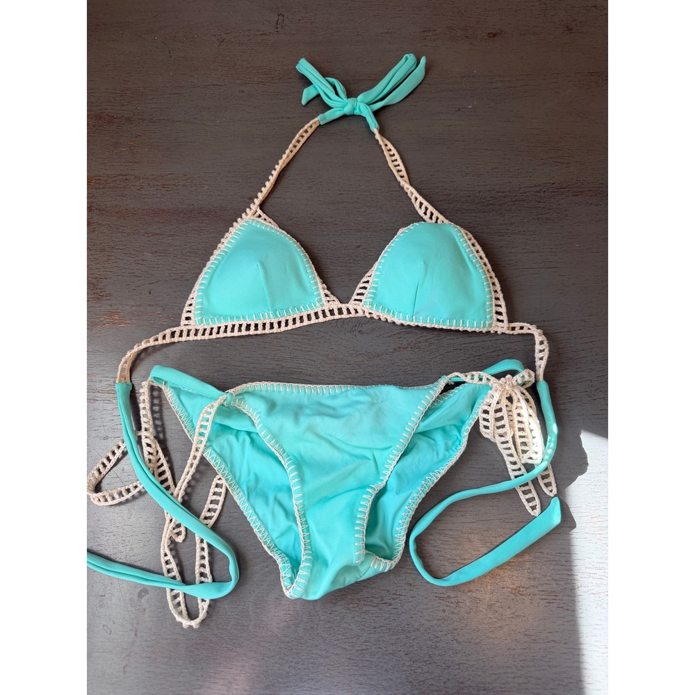 Victorias Secret Turquoise Crochet Trim Triangle Bikini Set Aqua S/M
